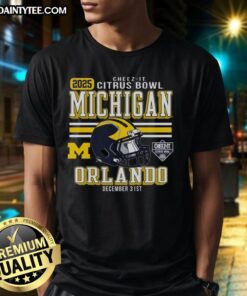Alt Text: Official Michigan Wolverines Football 2025 Cheez-It Citrus Bowl Helmet T-Shirt featuring team logo and vibrant colors.