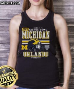 Official Michigan Wolverines Football 2025 Cheez-It Citrus Bowl helmet tank top featuring team colors and logo.