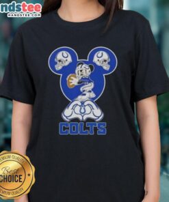 Alt Text: Official Mickey hands forming a heart on Indianapolis Colts football ladies tee, perfect for fans and casual wear.