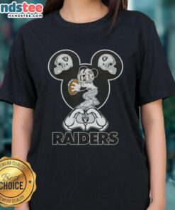 Official Mickey Hands Heart Love Las Vegas Raiders Football Ladies Tee design featuring playful Mickey Mouse graphics.