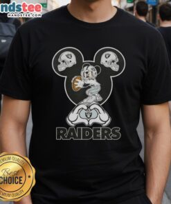 Official Mickey Hands Heart Love T-Shirt for Las Vegas Raiders Football fans, showcasing team spirit and playful design.