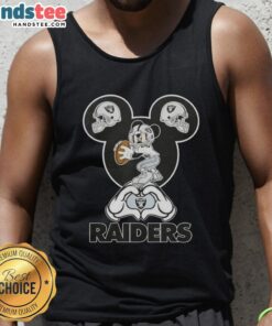 Alt Text: Official Mickey Hands Heart Love Las Vegas Raiders Football Tank Top featuring iconic Disney design.