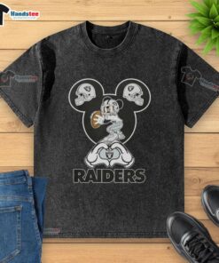 Alt Text: Official Mickey Hands Heart Love Las Vegas Raiders Football Washed T-Shirt showcasing fan spirit and team pride.