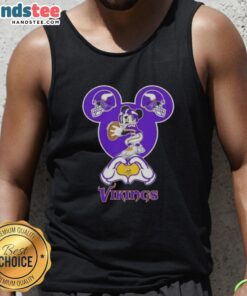 Alt Text: Official Mickey Hands Heart Love Minnesota Vikings Football Tank Top design featuring Mickey Mouse and team colors.
