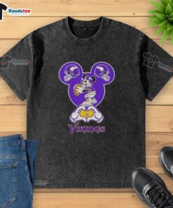 Official Mickey Hands Heart Love Minnesota Vikings Football Washed T-Shirt design showcasing team spirit and love for football.