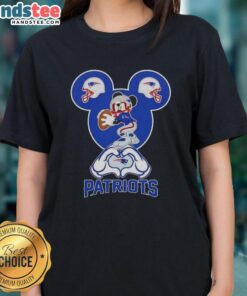Official Mickey Hands Heart Love New England Patriots Football Ladies Tee design featuring Mickey Mouse and team colors.