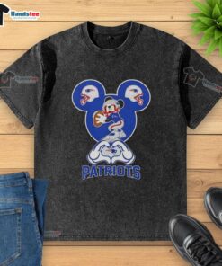 Official Mickey Hands Heart Love New England Patriots Football Washed T-Shirt in navy blue with vibrant graphic design.