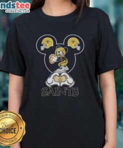 Alt Text: Ladies tee featuring Mickey hands forming a heart for New Orleans Saints football fans, perfect for game day.