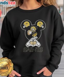 Official Mickey Hands Heart Love sweatshirt for New Orleans Saints football fans, perfect for game day and casual wear.