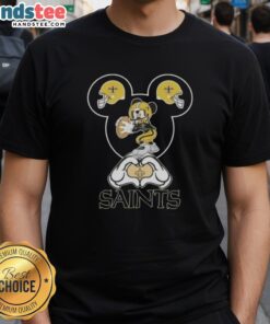 Official Mickey Hands Heart Love New Orleans Saints Football T-Shirt featuring a playful design for fans.