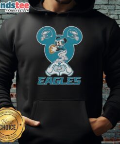 Alt Text: Official Mickey Hands Heart Love hoodie for Philadelphia Eagles fans, featuring vibrant Disney and NFL branding.