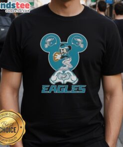 Official Mickey Hands Heart Love Philadelphia Eagles Football T-Shirt featuring iconic Mickey Mouse design and team spirit.