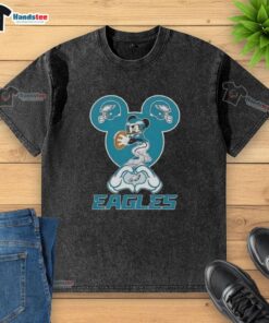 Alt Text: Official Mickey Hands Heart Love Philadelphia Eagles Football T-Shirt, perfect for fans showing team spirit.