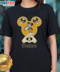 Official Mickey Hands Heart Love design on Pittsburgh Steelers Football Ladies Tee for passionate fans.