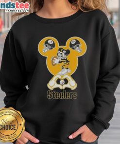 Alt Text: Official Mickey Hands Heart Love sweatshirt for Pittsburgh Steelers fans, perfect for showing team spirit.