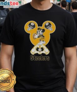 Official Mickey Hands Heart Love T-Shirt for Pittsburgh Steelers fans, showcasing a playful design perfect for game day.