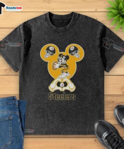 Official Mickey Hands Heart Love Pittsburgh Steelers Football Washed T-Shirt featuring Mickey Mouse and team logo design.