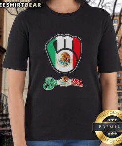 Alt Text: Official Milwaukee Brewers Baseball X Mexican Flag Ladies Tee featuring vibrant colors and stylish design for fans.