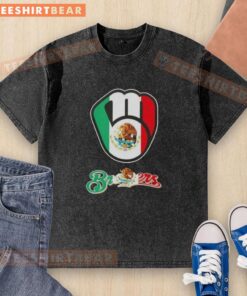 Official Milwaukee Brewers Baseball X Mexican Flag washed t-shirt featuring vibrant colors and team logo.