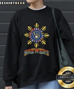 Alt Text: Official Milwaukee Brewers X Hispanic sweatshirt featuring vibrant colors and team logo for stylish fan apparel.