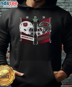 Alt Text: 2025 Xbox Bowl hoodie featuring Missouri State Bears vs Arkansas State Red Wolves helmet design.