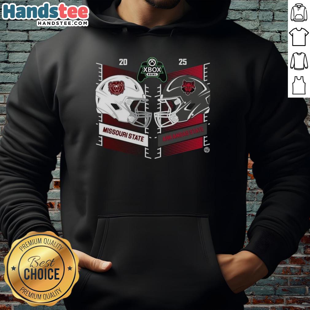 official-missouri-state-bears-vs-arkansas-state-red-wolves-2025-xbox-bowl-helmet-hoodie Alt Text: 2025 Xbox Bowl hoodie featuring Missouri State Bears vs Arkansas State Red Wolves helmet design.