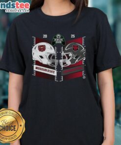 Alt Text: Official Missouri State Bears vs Arkansas State Red Wolves 2025 Xbox Bowl helmet graphic on ladies tee shirt.
