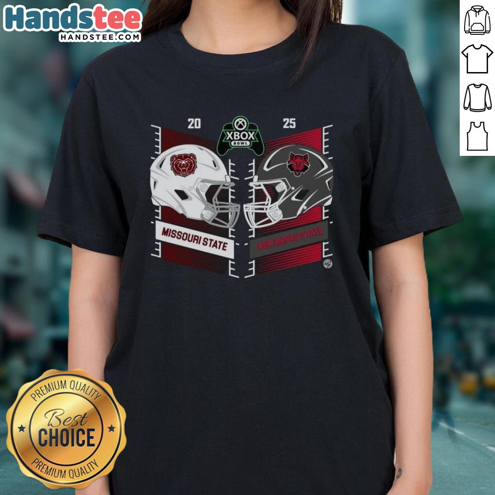 official-missouri-state-bears-vs-arkansas-state-red-wolves-2025-xbox-bowl-helmet-ladies-tee Alt Text: Official Missouri State Bears vs Arkansas State Red Wolves 2025 Xbox Bowl helmet graphic on ladies tee shirt.