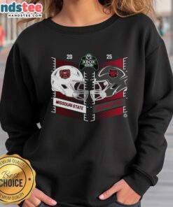 Alt Text: Official Missouri State Bears vs Arkansas State Red Wolves 2025 Xbox Bowl helmet sweatshirt featuring team logos.
