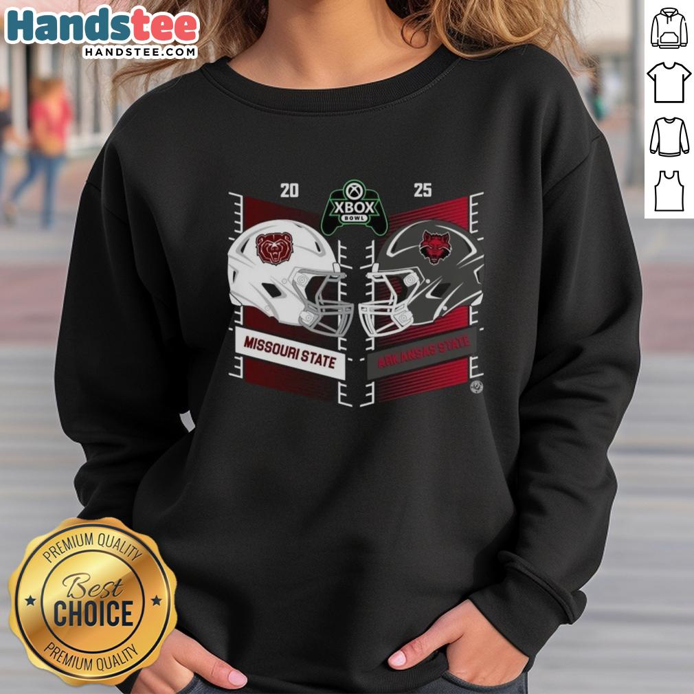 official-missouri-state-bears-vs-arkansas-state-red-wolves-2025-xbox-bowl-helmet-sweatshirt Alt Text: Official Missouri State Bears vs Arkansas State Red Wolves 2025 Xbox Bowl helmet sweatshirt featuring team logos.