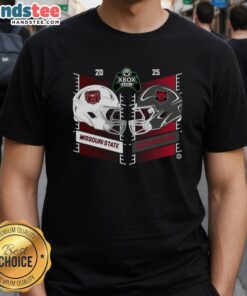 Official Missouri State Bears vs Arkansas State Red Wolves 2025 Xbox Bowl helmet T-shirt featuring team logos and vibrant colors.