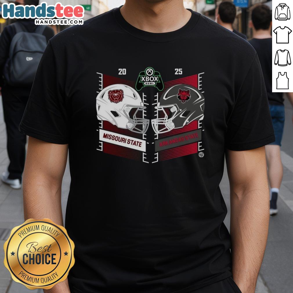 official-missouri-state-bears-vs-arkansas-state-red-wolves-2025-xbox-bowl-helmet-t-shirt Official Missouri State Bears vs Arkansas State Red Wolves 2025 Xbox Bowl helmet T-shirt featuring team logos and vibrant colors.