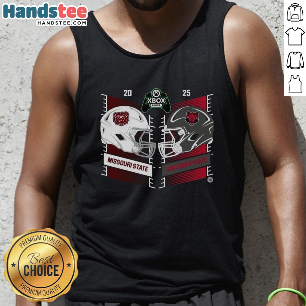 official-missouri-state-bears-vs-arkansas-state-red-wolves-2025-xbox-bowl-helmet-tank-top Official Missouri State Bears vs Arkansas State Red Wolves 2025 Xbox Bowl helmet tank top featuring team logos and colors.