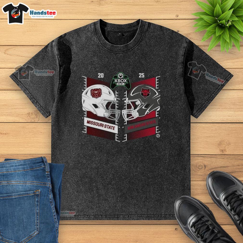official-missouri-state-bears-vs-arkansas-state-red-wolves-2025-xbox-bowl-helmet-washed-t-shirt 2025 Xbox Bowl Helmet Washed T-Shirt featuring official Missouri State Bears vs Arkansas State Red Wolves design.