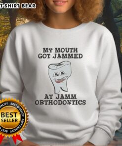 Alt Text: Leslie Knope sweatshirt featuring My Mouth Got Jammed design from Jamm Orthodontics, perfect for fans of Parks and Recreation.