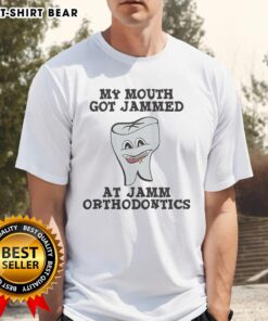 Alt Text: Official My Mouth Got Jammed At Jamm Orthodontics T-Shirt featuring Leslie Knope design for fans of Parks and Recreation.
