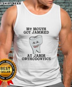 Leslie Knope tank top featuring 'My Mouth Got Jammed At Jamm Orthodontics' design, perfect for fans and orthodontics lovers.
