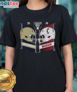 Official Navy Midshipmen vs Cincinnati Bearcats 2025 Autozone Liberty Bowl head-to-head helmet on ladies tee shirt.