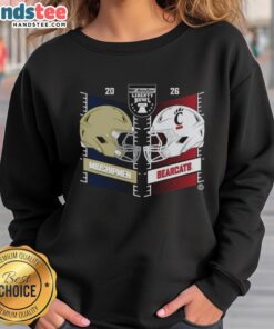 Alt Text: Navy Midshipmen vs Cincinnati Bearcats 2025 Autozone Liberty Bowl helmet sweatshirt design featuring team logos.