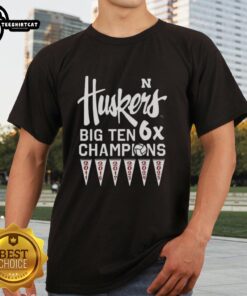 Alt Text: Official Nebraska Cornhuskers Volleyball Big Ten 6X Champions 2025 T-Shirt featuring bold team graphics and vibrant colors.