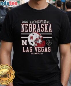Official Nebraska Huskers Football 2025 Las Vegas Bowl Bound Helmet T-Shirt featuring team colors and logo design.
