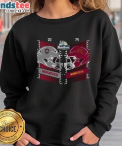 Alt Text: 2025 Rate Bowl sweatshirt featuring helmets of New Mexico Lobos vs Minnesota Golden Gophers in head-to-head design.
