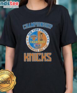 Alt Text: Official New York Knicks Championship Emirates NBA Cup 2025 ladies tee showcasing team pride and style.