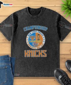 Official New York Knicks Championship Emirates NBA Cup 2025 washed t-shirt featuring team colors and logo.