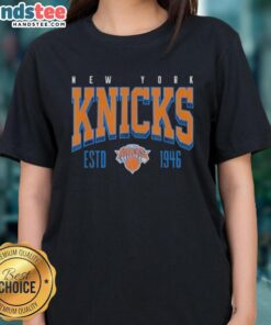 Official New York Knicks NBA Battle Tested Estd 1946 ladies tee featuring team logo and stylish design.