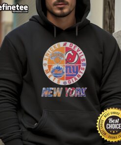 Alt Text: Official New York Knicks, Mets, Devils, Giants mashup logo hoodie showcasing team pride and unique design.