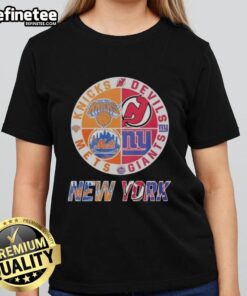 Official New York Knicks, Mets, Devils, Giants mashup logo on a ladies tee, perfect for NY sports fans.