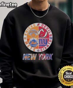 Official New York Knicks, Mets, Devils, Giants mashup logo sweatshirt showcasing iconic NYC sports teams.