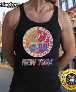 Alt Text: Official New York Knicks, Mets, Devils, and Giants mashup logo on a stylish tank top for sports fans.