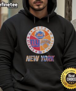 Official New York Knicks, Mets, and Giants mashup logo hoodie showcasing iconic team symbols in vibrant colors.